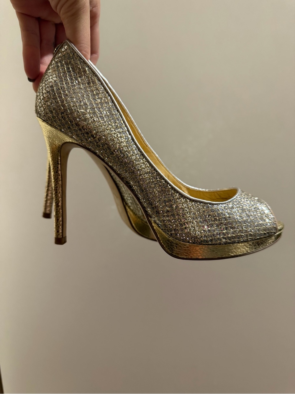 Ivanka Trump Gold and Silver Glitter Peep-Toe Stiletto Pumps